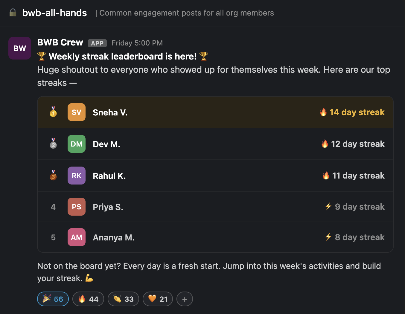Weekly streak leaderboard in Slack